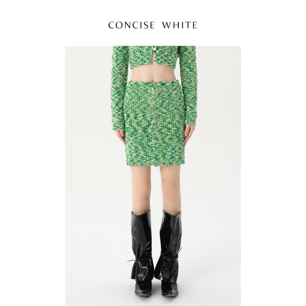 Concise-White Buckle Knitted Skirt Green