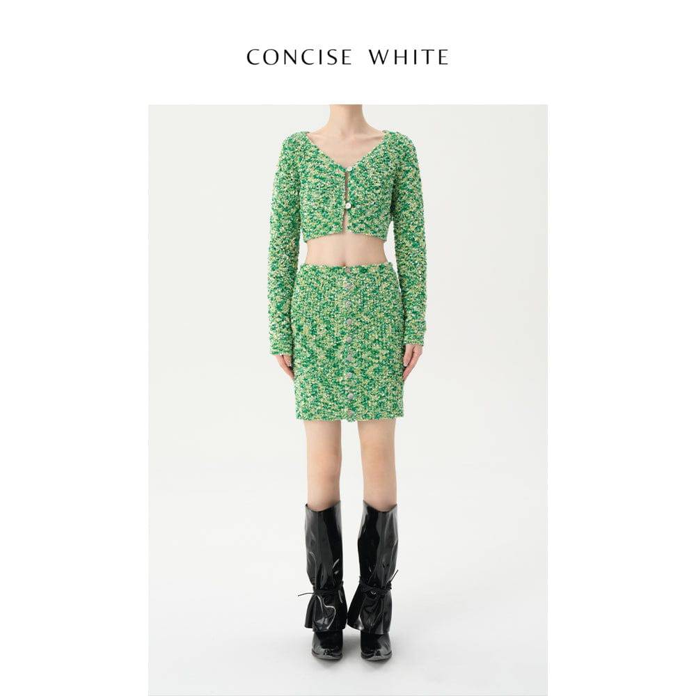 Concise-White Buckle Knitted Top Cardigan Green