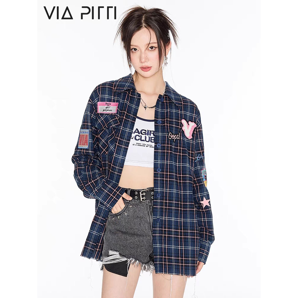 Via Pitti Multi-Color Patch Plaid Shirt Navy