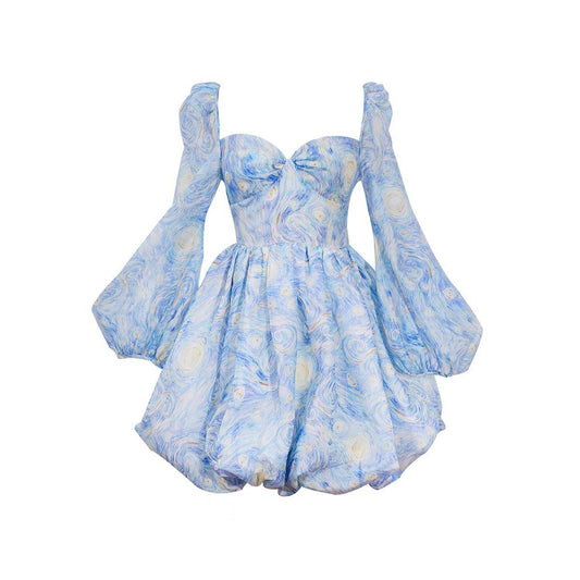 Callrinduck Starry Sky Painting Short Puff Dress Blue