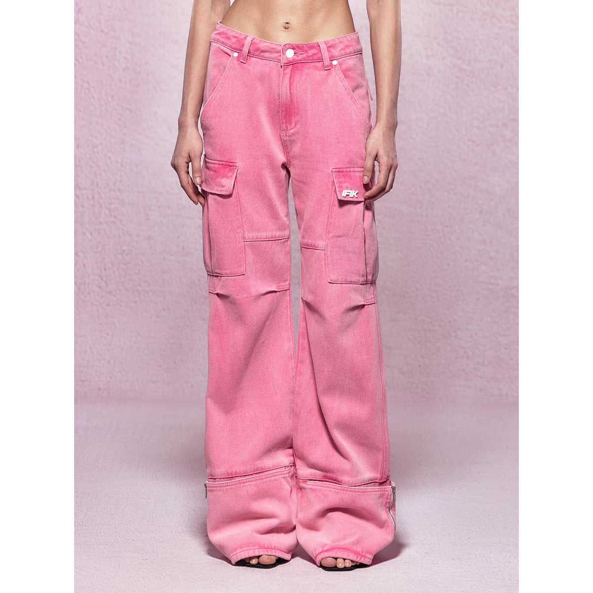 IFIK Wide-Leg Pocket Denim Cargo Pants Pink