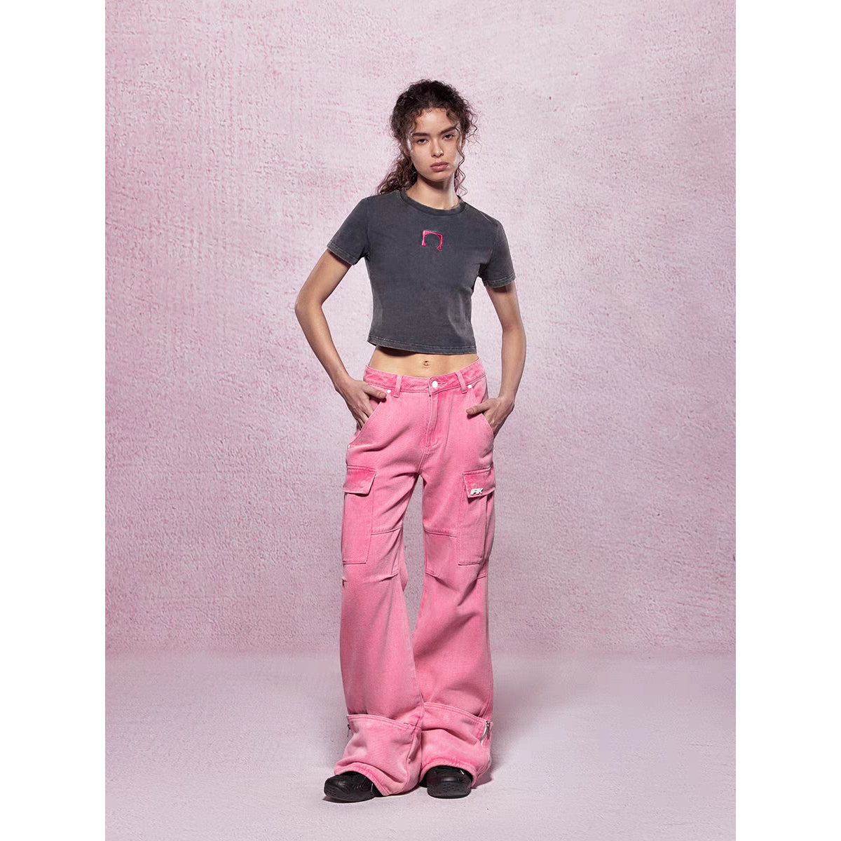 IFIK Wide-Leg Pocket Denim Cargo Pants Pink