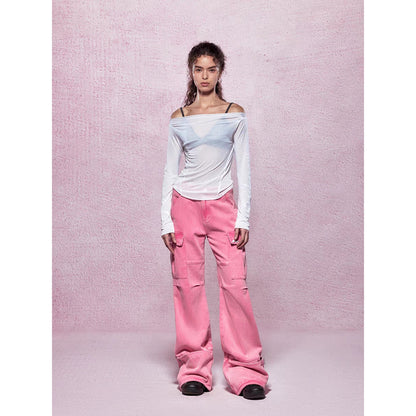 IFIK Wide-Leg Pocket Denim Cargo Pants Pink