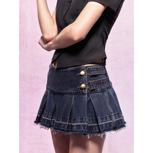 IFIK Metal Button Mini Pleated Skirt Blue