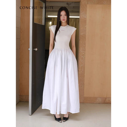 Concise-White Stitching Printed Logo Dress White