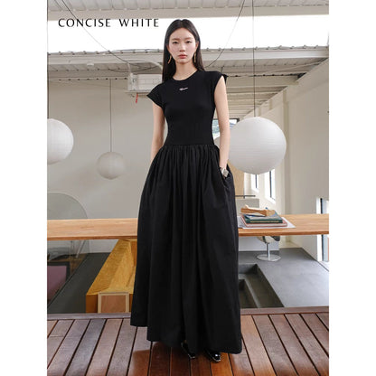 Concise-White Stitching Printed Logo Dress Black