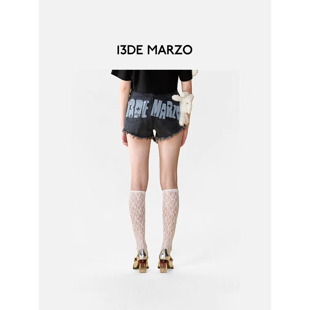 13De Marzo Graffiti Double Layered Denim Shorts Black