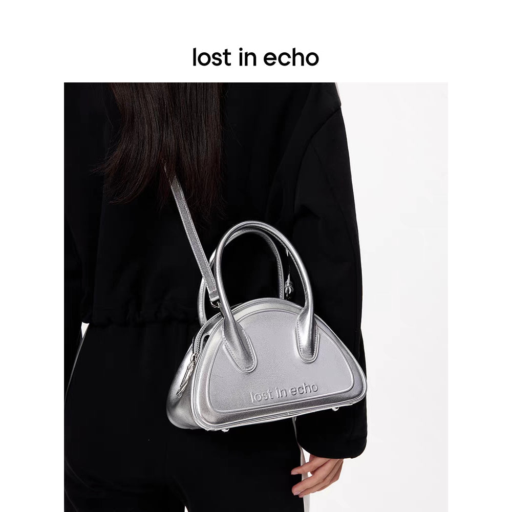 Lost In Echo Embossed Logo Leather Bowling Bag Sliver