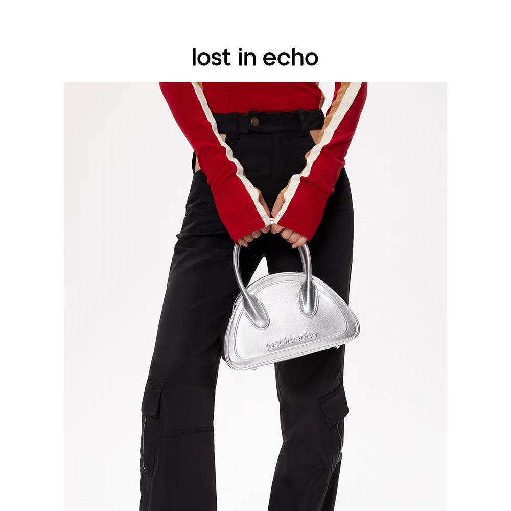 Lost In Echo Embossed Logo Leather Bowling Bag Sliver