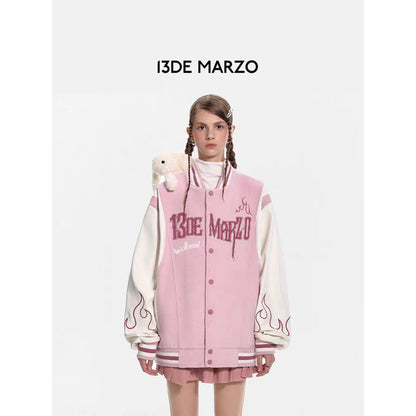 13De Marzo Plush Rabbit Flame Baseball Jacket Pink