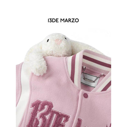 13De Marzo Plush Rabbit Flame Baseball Jacket Pink