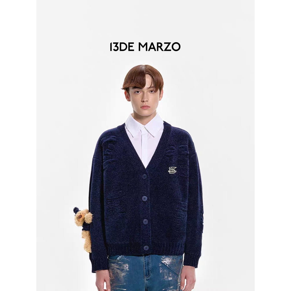 13De Marzo Plush Bear Jacquard Letter Knit Cardigan Navy