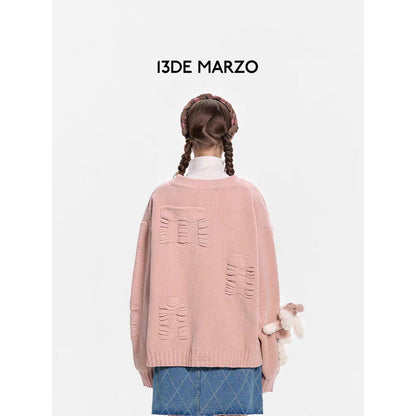 13De Marzo Plush Rabbit Jacquard Letter Knit Cardigan Pink