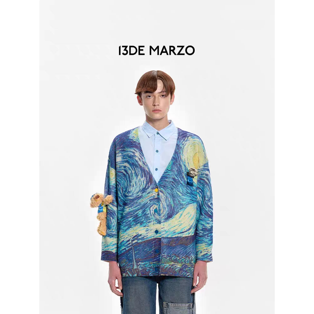 13De Marzo Van Gogh Masterpiece Knit Cardigan Blue