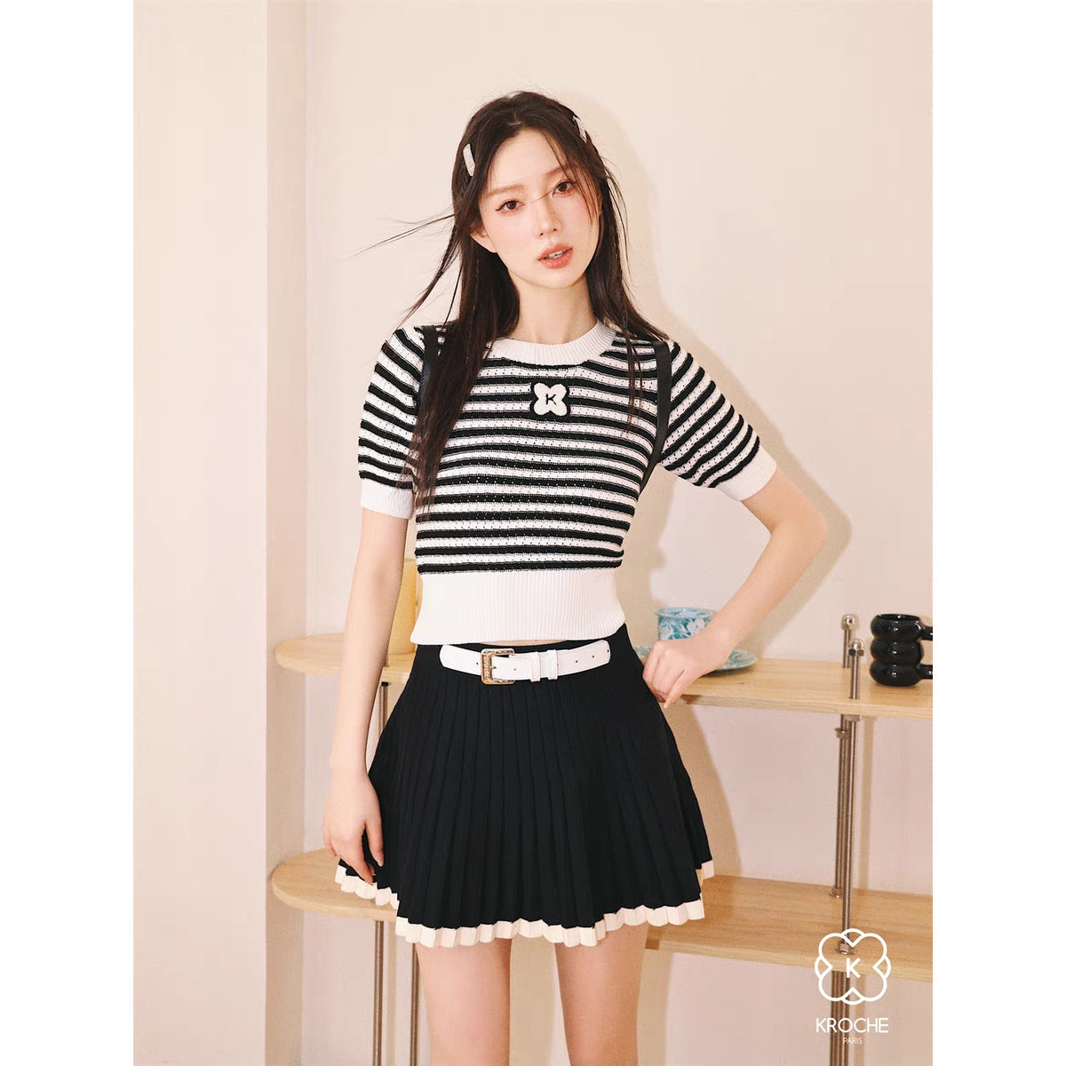 Kroche Embroidery Logo Striped Knit Top Black