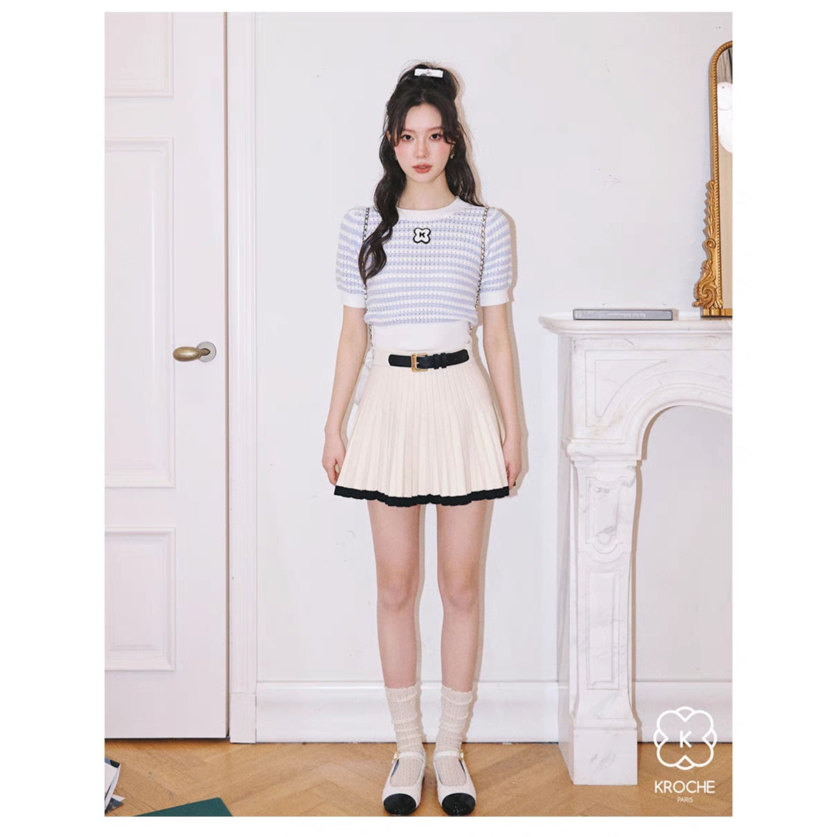 Kroche Color Blocked Pleated Knit Skirt White