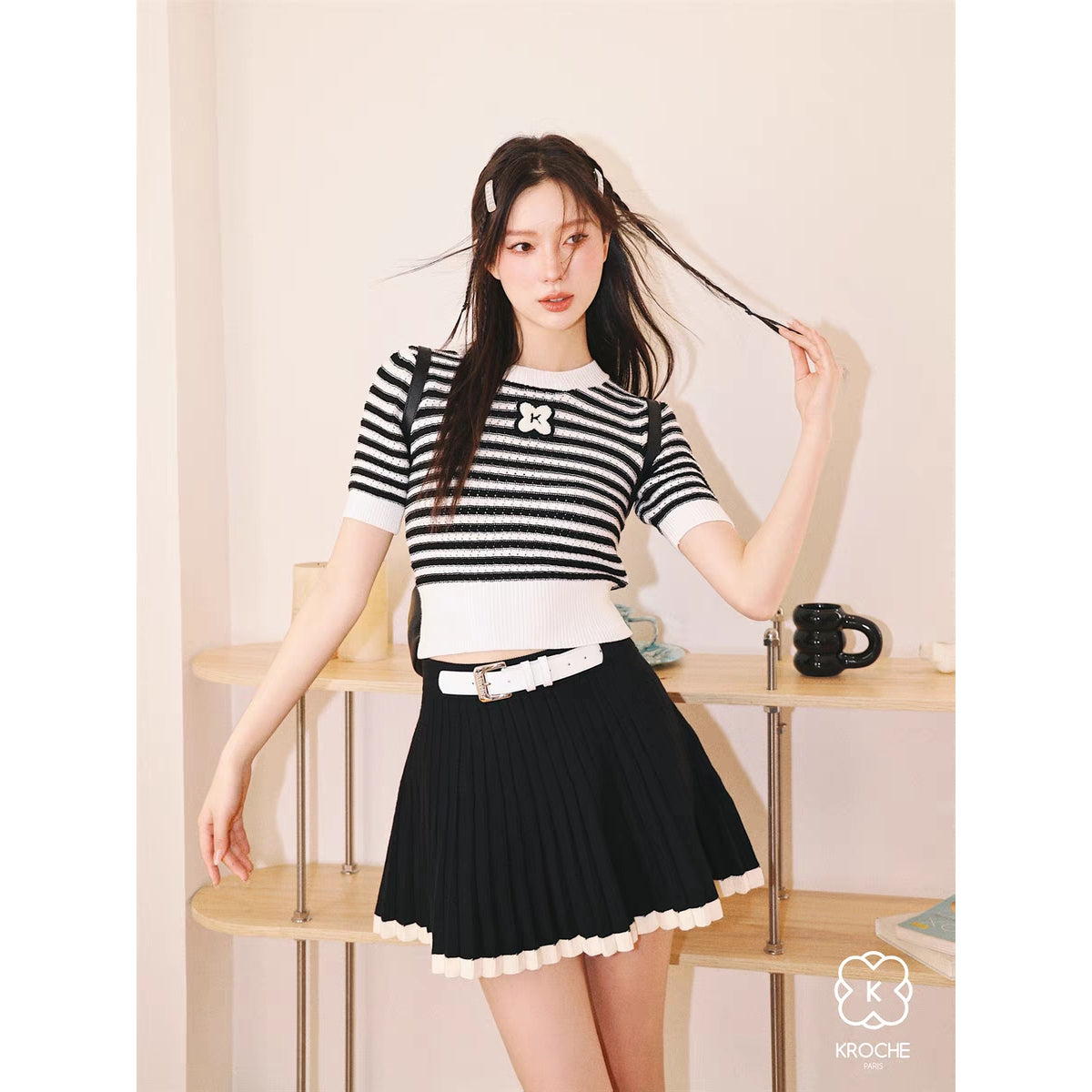 Kroche Color Blocked Pleated Knit Skirt Black