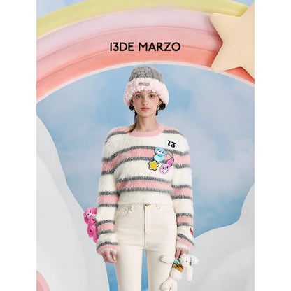 13De Marzo X Care Bears Badges Striped Furry Sweater Pink