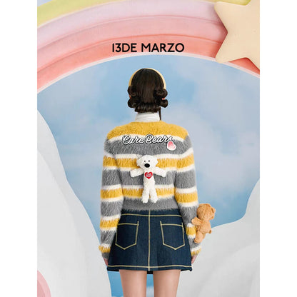 13De Marzo X Care Bears Badges Striped Furry Sweater Yellow