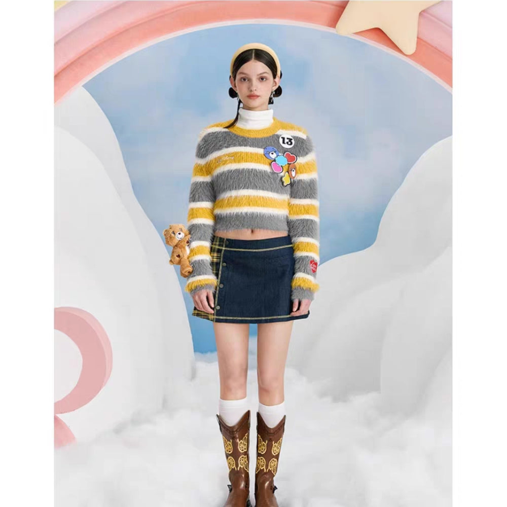 13De Marzo X Care Bears Badges Striped Furry Sweater Yellow