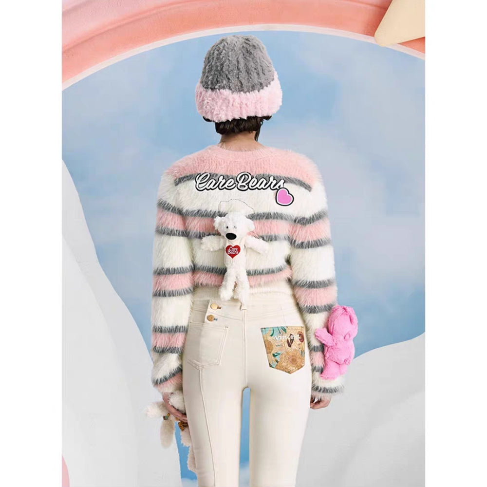 13De Marzo X Care Bears Badges Striped Furry Sweater Pink