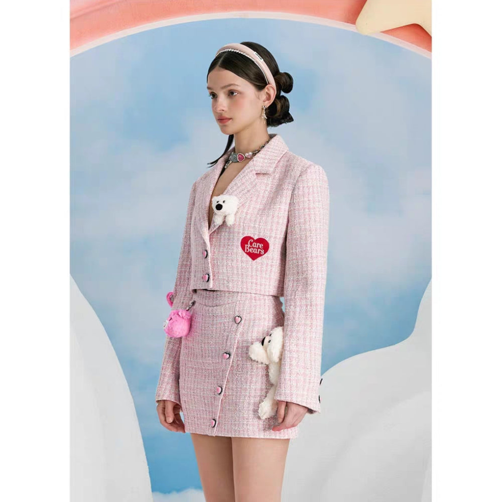 13De Marzo X Care Bears Heart Button Tweed Skirt Pink