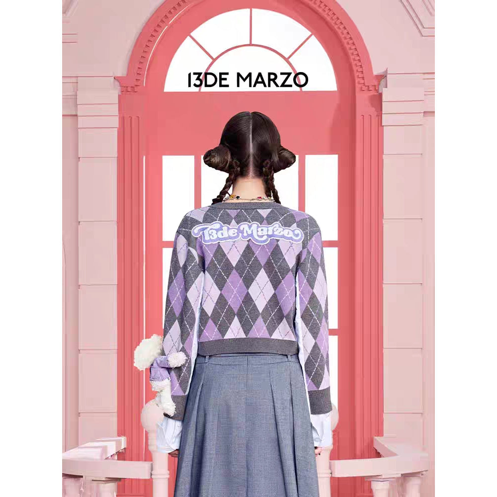 13De Marzo X Kuromi Bear Diamond Checked Knit Sweater Purple