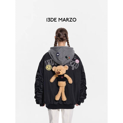 13De Marzo Badges Plush Bear MA-1 Jacket Black