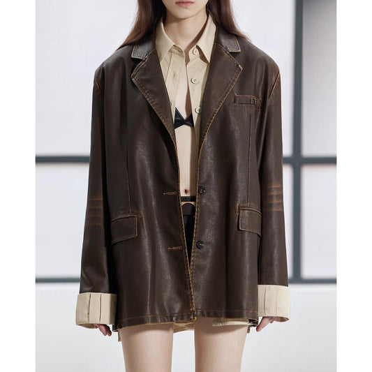 IFIK Vintage Leather Blazer Coat Brown