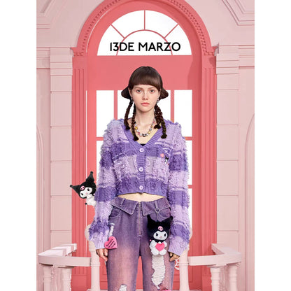 13De Marzo X Kuromi Bear Striped Knit Cardigan Purple