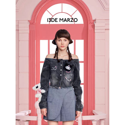 13De Marzo X Kuromi Bear Off Shoulder Denim Top Black