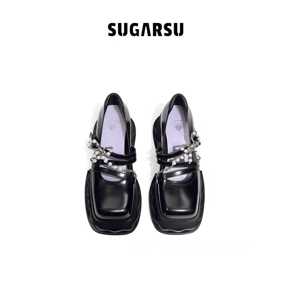 SugarSu Pearl Chain Bow Knot Mary Jane Black