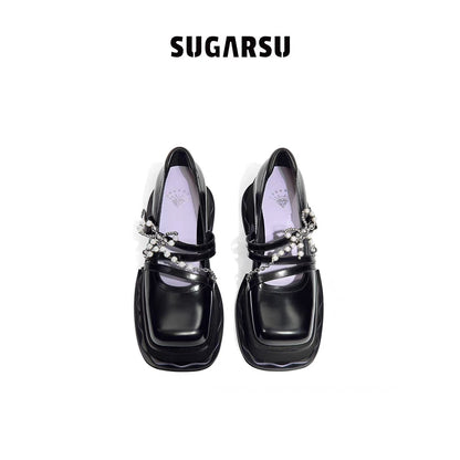 SugarSu Pearl Chain Bow Knot Mary Jane Black