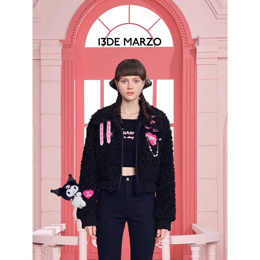 13De Marzo X Kuromi Bear Short Fleece Coat Black