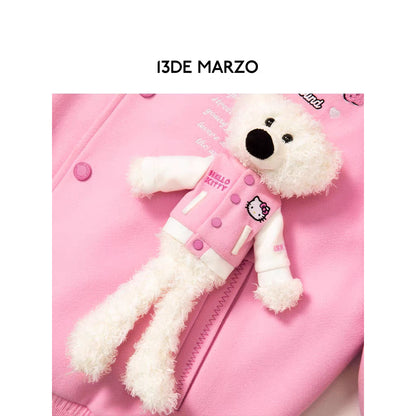 13De Marzo X Hello Kitty Plush Bear Baseball Jacket Pink