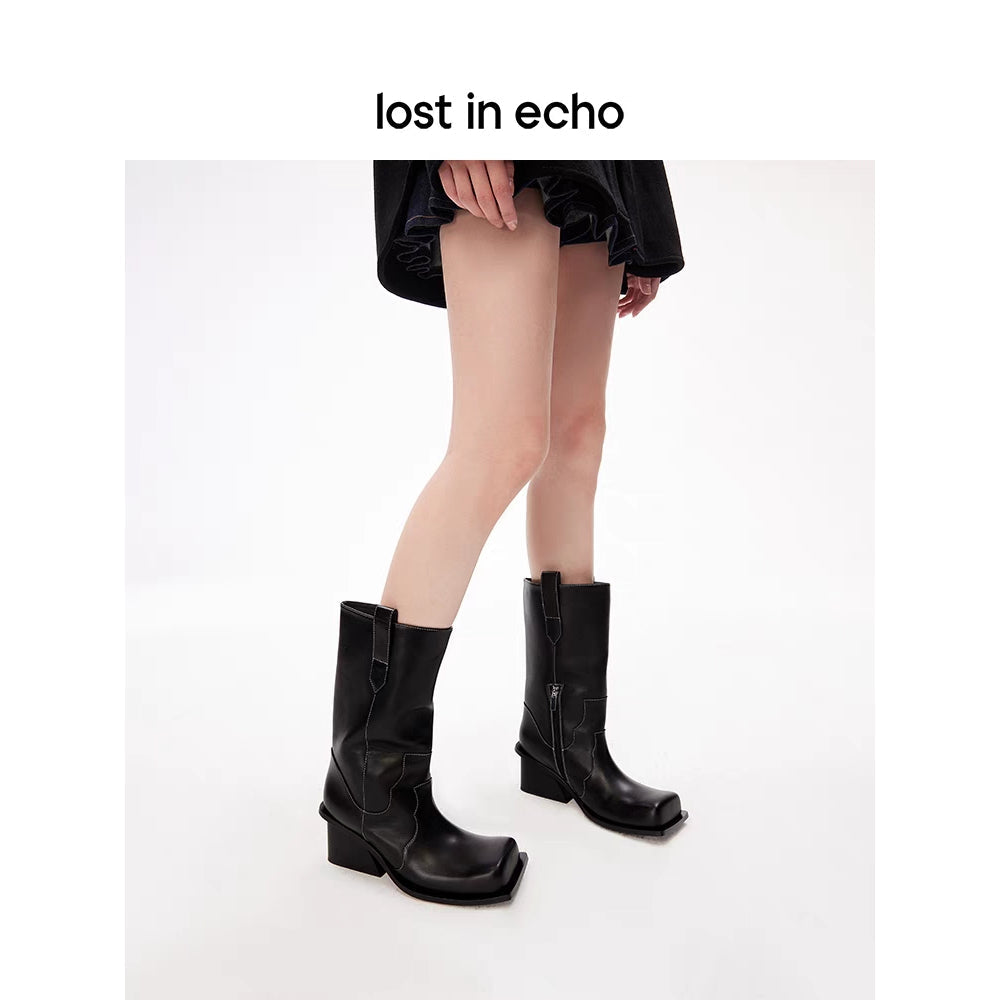 Lost In Echo Square Toe Zipper Heel Boots Black