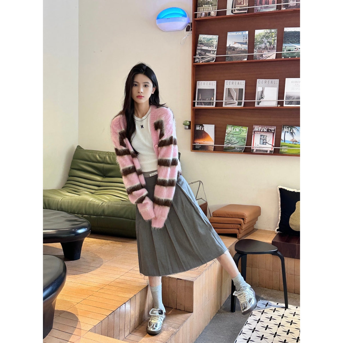 Herlian Raw Edge Striped Mohair Cardigan Pink