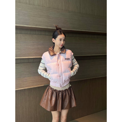 Herlian Embroidery Logo Down Vest Coat Pink