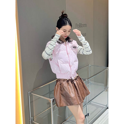 Herlian Embroidery Logo Down Vest Coat Pink