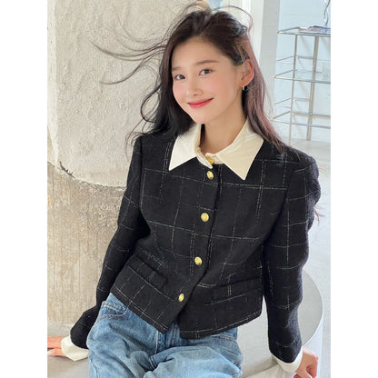 Concise-White Plaid Patchwork Woolen Tweed Coat Black