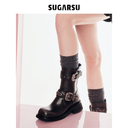 SugarSu Double Metal Buckle Leather Boots Black