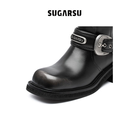 SugarSu Double Metal Buckle Leather Boots Black