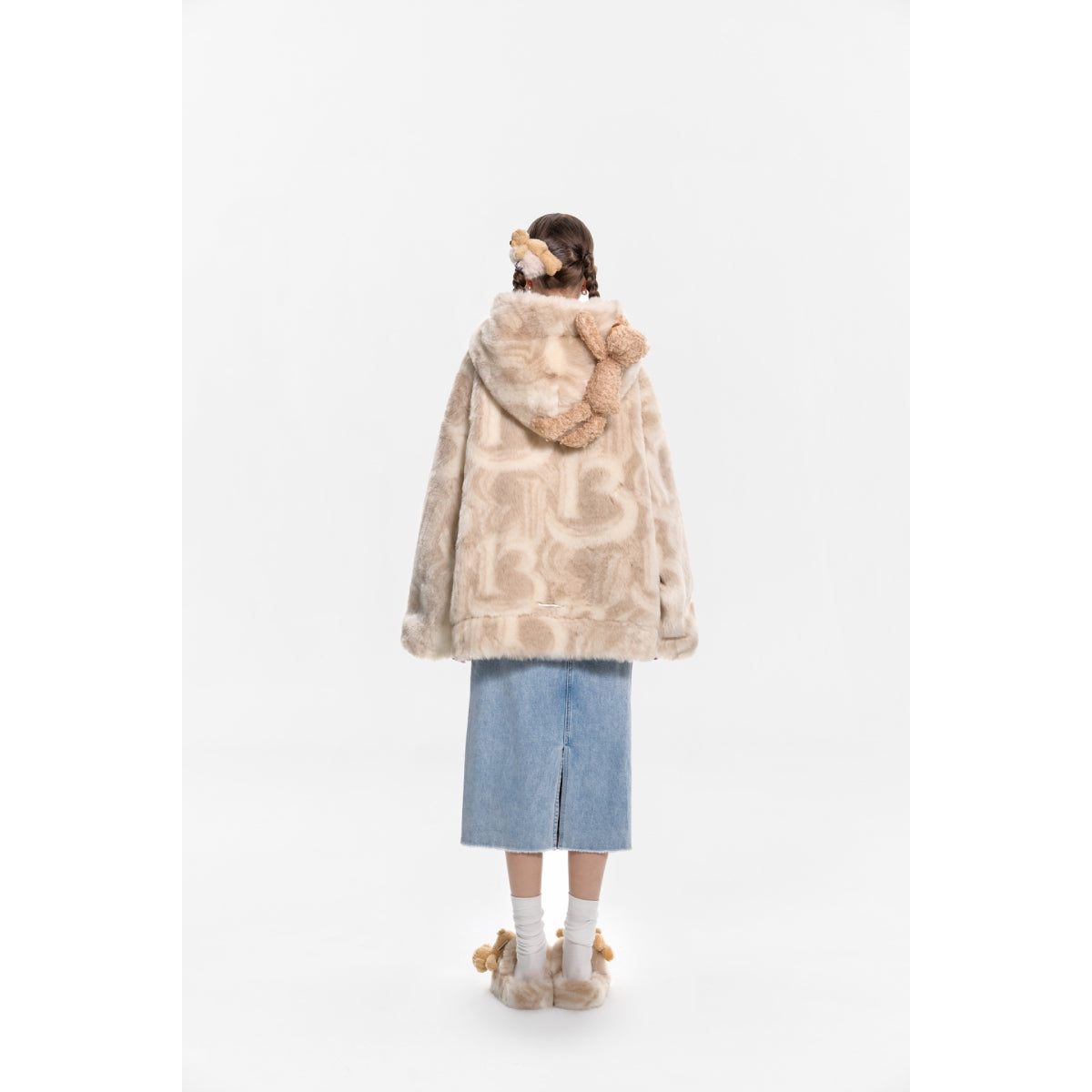 13De Marzo Artificial Fur Logo Hooded Coat Khaki