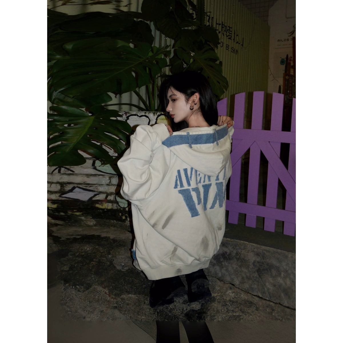 Aventen Pin Memo Patch Zip Up Hoodie White