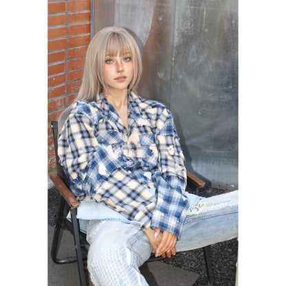 Aventen Pin Denim Bottom Plaid Shirt Blue