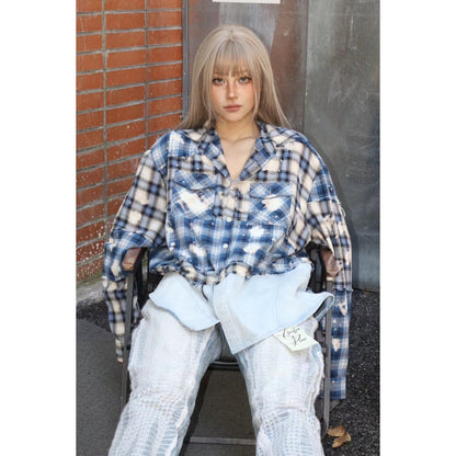 Aventen Pin Denim Bottom Plaid Shirt Blue