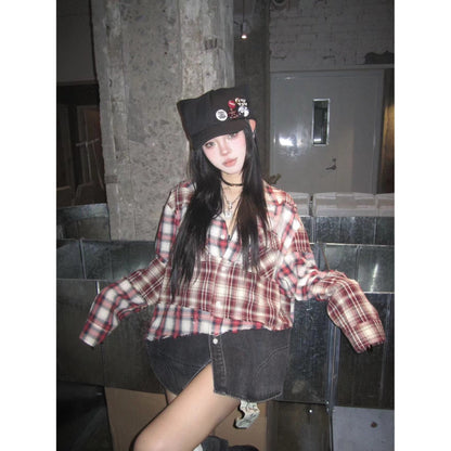 Aventen Pin Denim Bottom Plaid Shirt Red