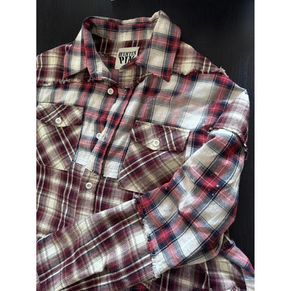 Aventen Pin Denim Bottom Plaid Shirt Red