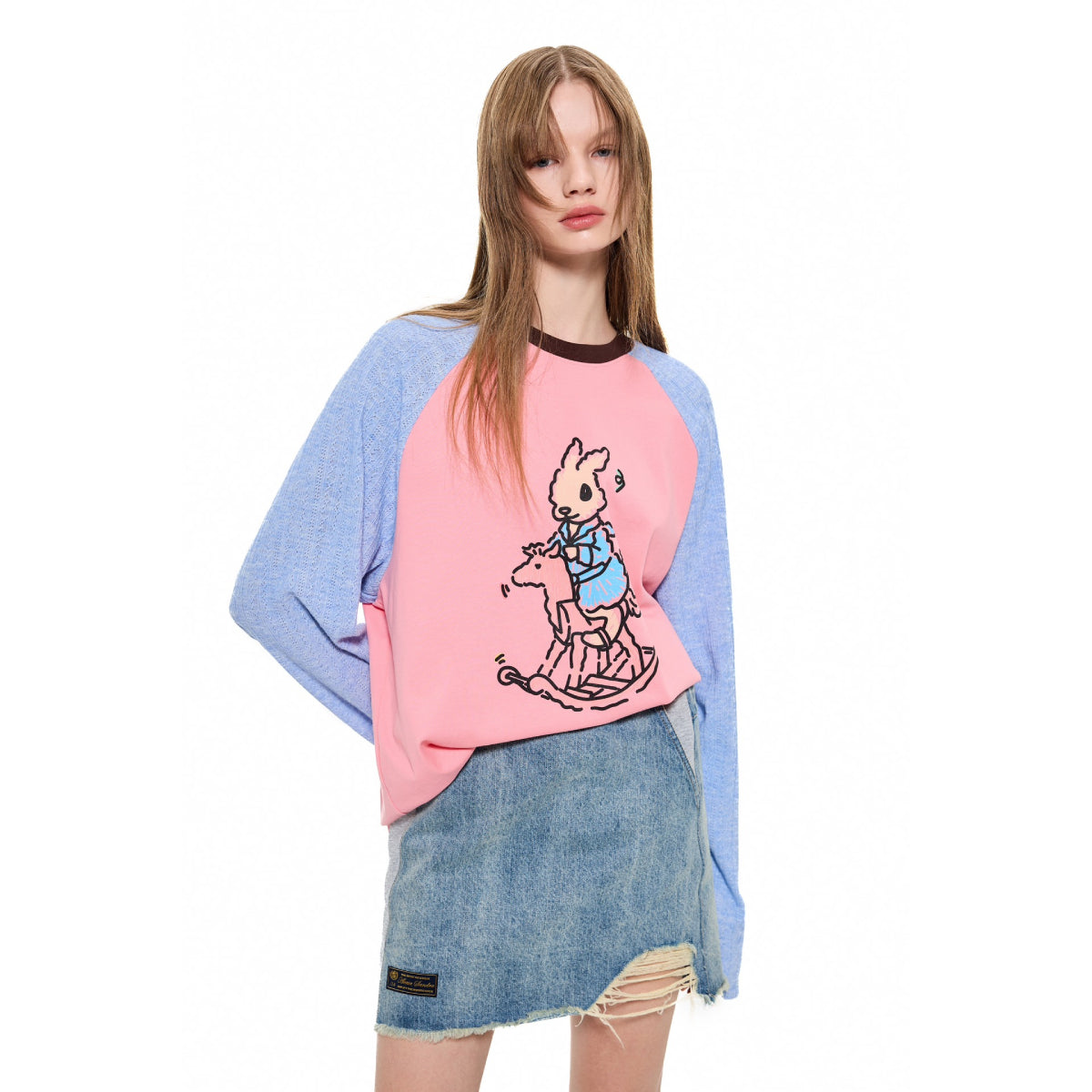 Alexia Sandra Trojan Rabbit Contrast Color Raglan L/S Tee Blue Pink