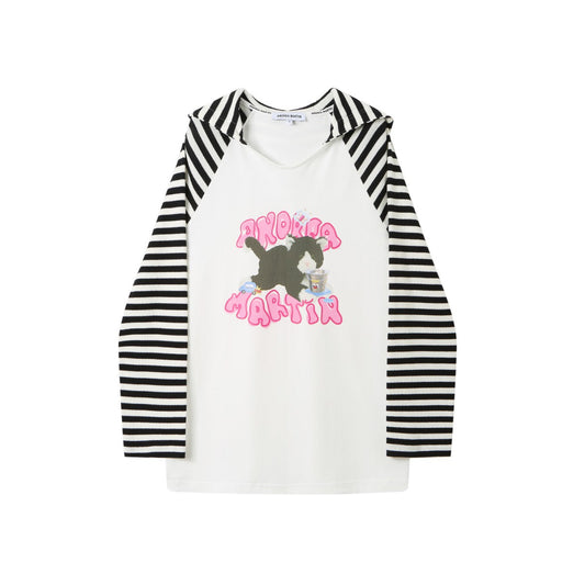 Andrea Martin Cat Printed Hooded Striped L/S Tee